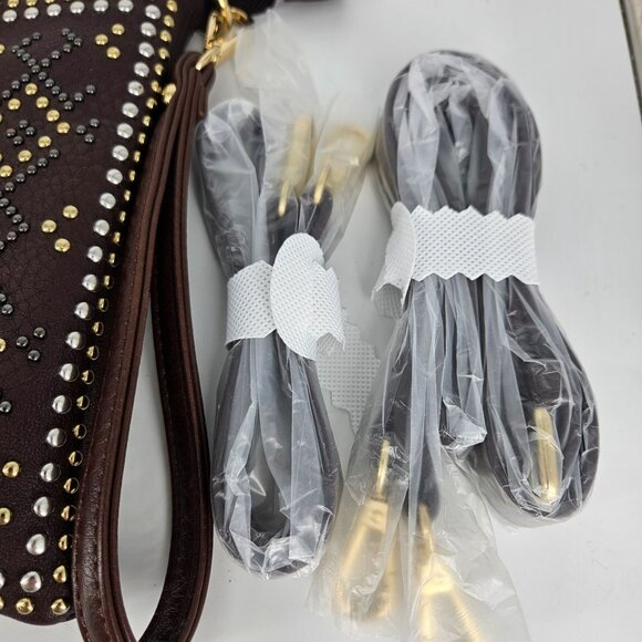 Studded Wristlet Clutch Purse Bag Brown Gold Silver Accents 2 Detach Straps 11x7 - Picture 8 of 13